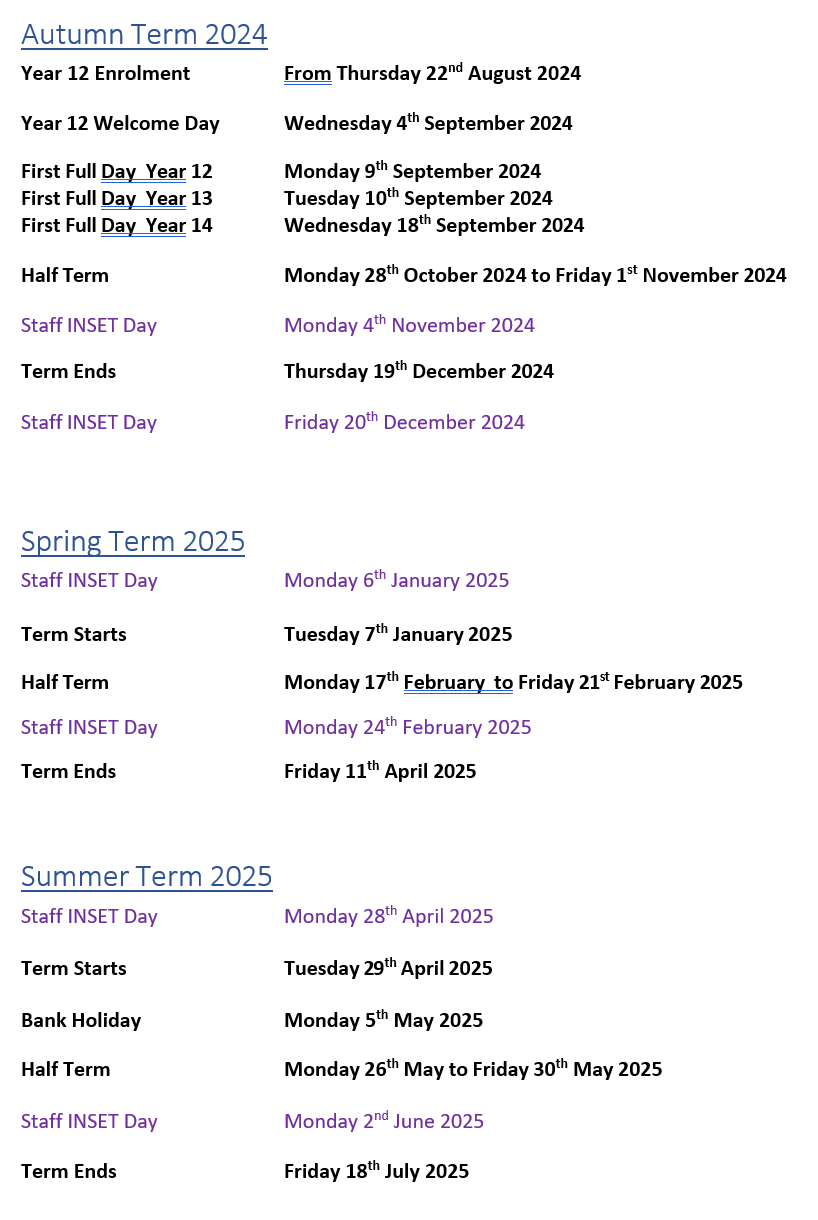 Term Dates BOA Stage & Screen